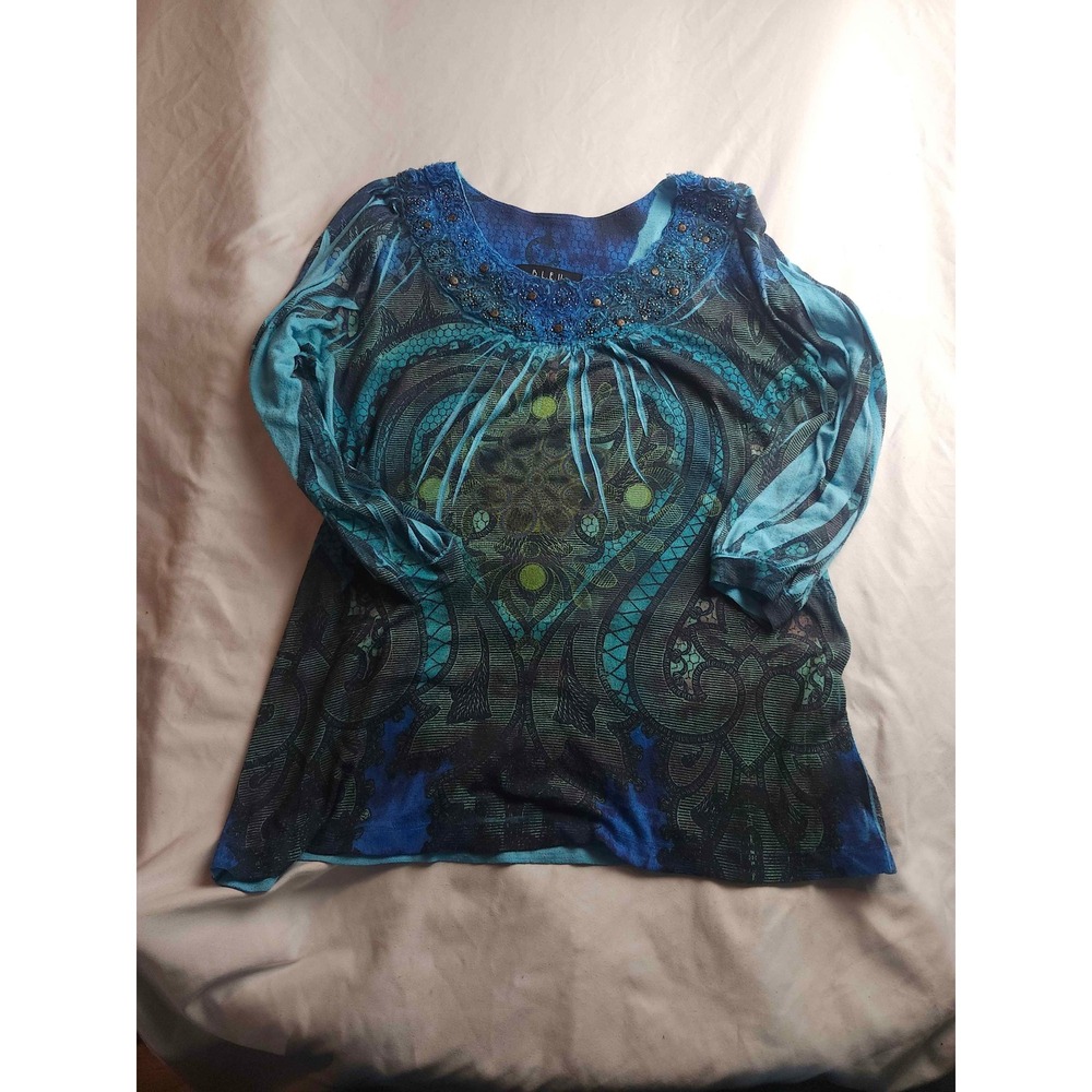 B.L.E.U. Blue Teal Paisley Beaded Sequin‎ Embellished Long Sleeve Top Large